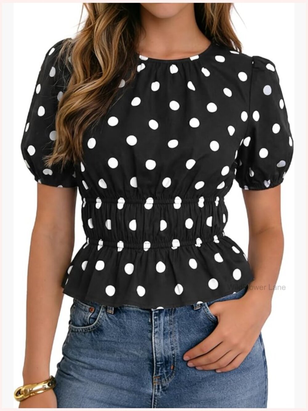 Puff Sleeve Polka Dot Peplum Top, Blouse with Smocked Waist